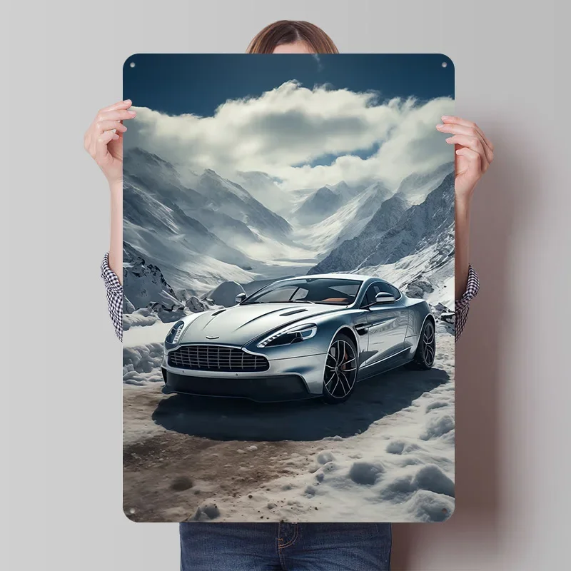 Car in Snowy Mountains Tin Plaque Poster Customized Wall Art Retro Vintage Metal Signs for Room Modern Home Decoration Luxury