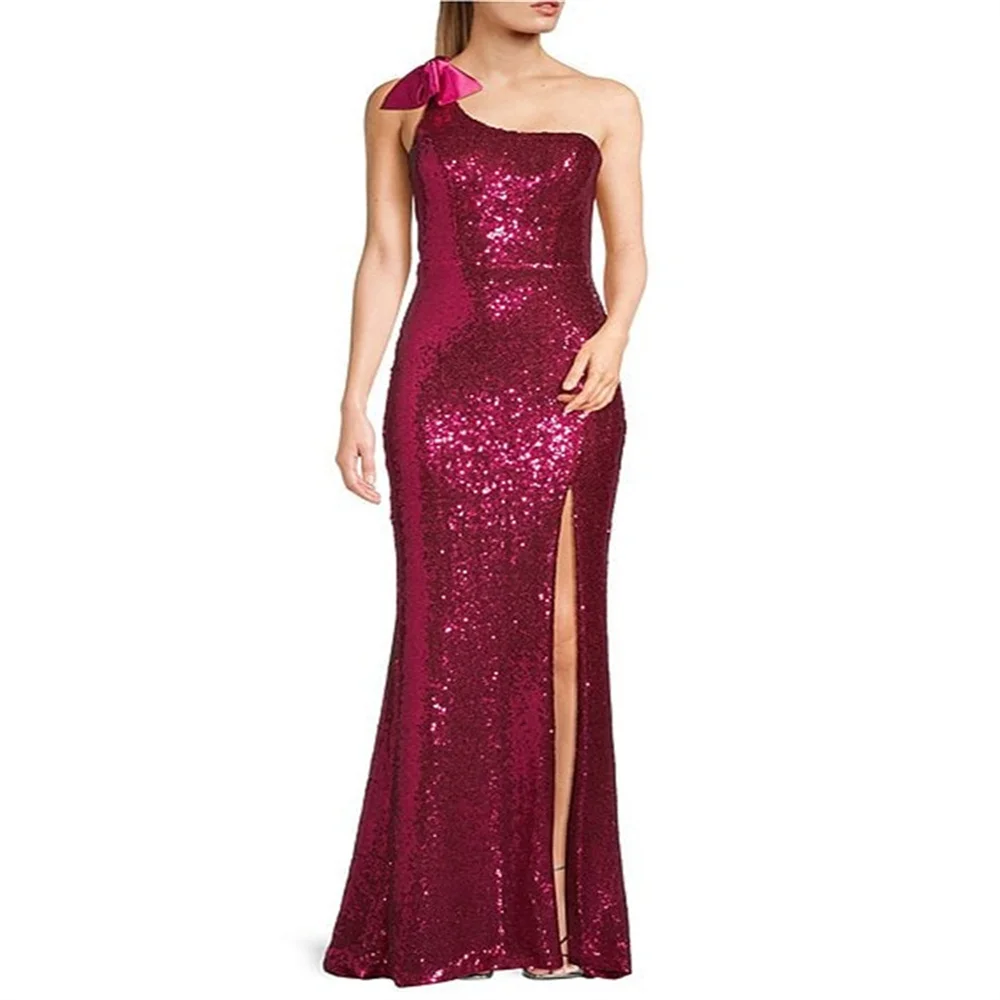 

Hot Selling One-Shoulder Neckline Sequin Sheath Evening Dress Elegant Ope Back Zipper High Slit Floor Length Gown For Women 2024