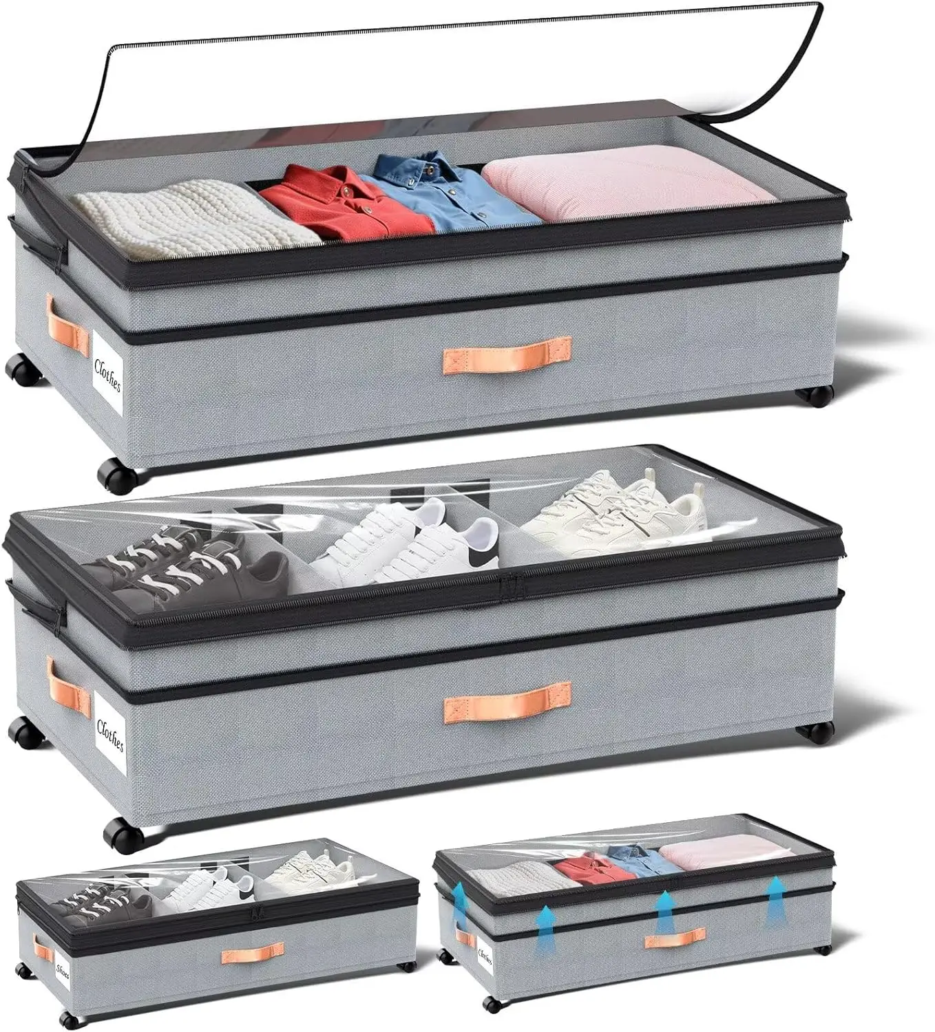 

Underbed Storage Bin with Wheels, Large Foldable Clothes Organizer with Clear Lid, Dustproof Shoe Box for Bedroom, 78cm