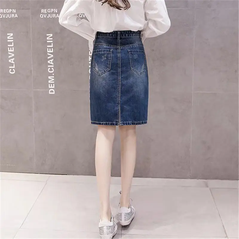 Female Jeans Skirts With Pocket To Knees Length Women's Denim Skirt Ripped Vintage Korean Fashion Style Offer Aesthetic Hot Y2k