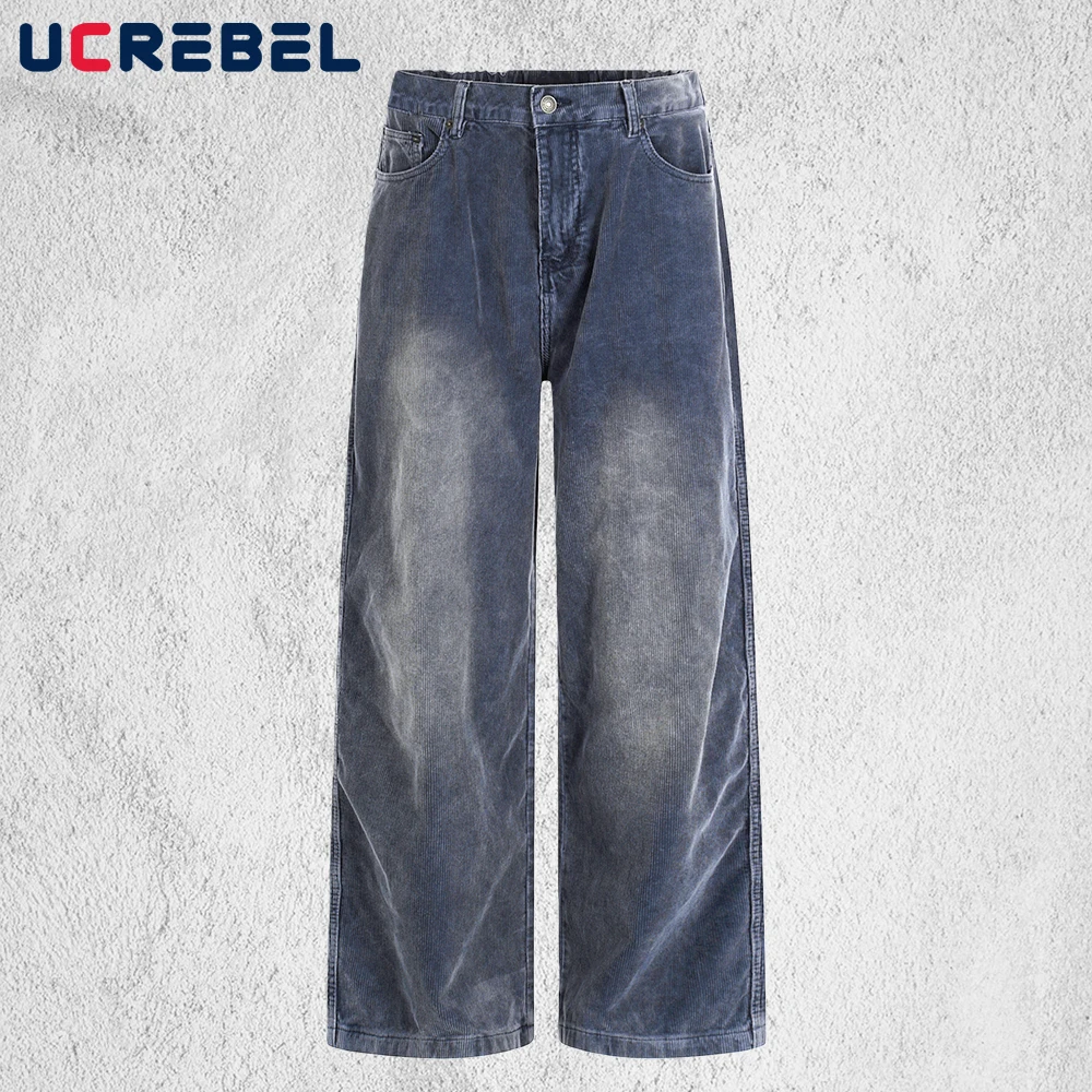 

Вельветовые повседневные брюки, мужские карманные ретро-осенне-зимние потертые потертые эластичные брюки с широкими штанинами, мешковатые мужские брюки