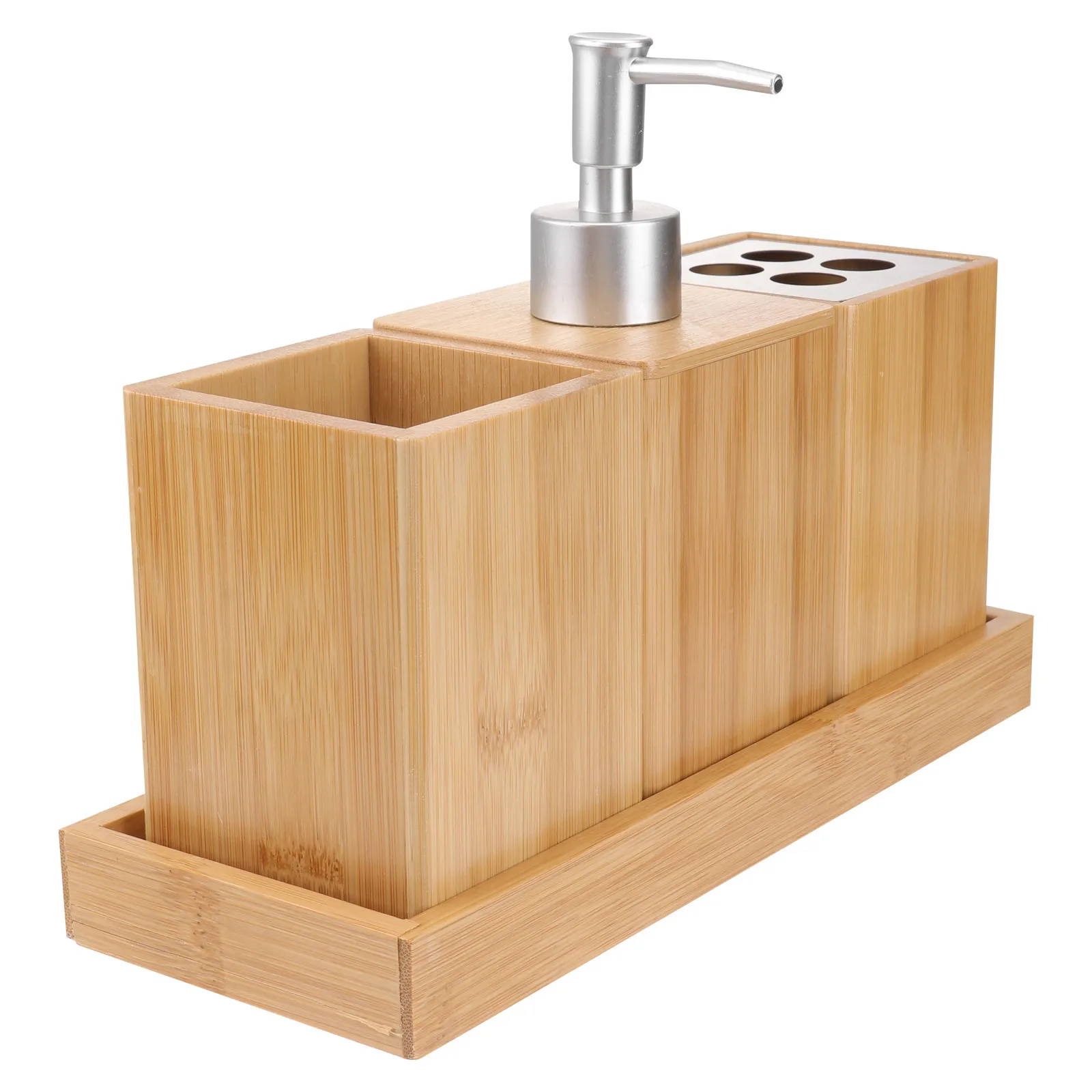

4Pcs Bamboo Bathroom Accessory Set Ceramic Toothbrush Holder Soap Dispenser Practical Bathroom Organization