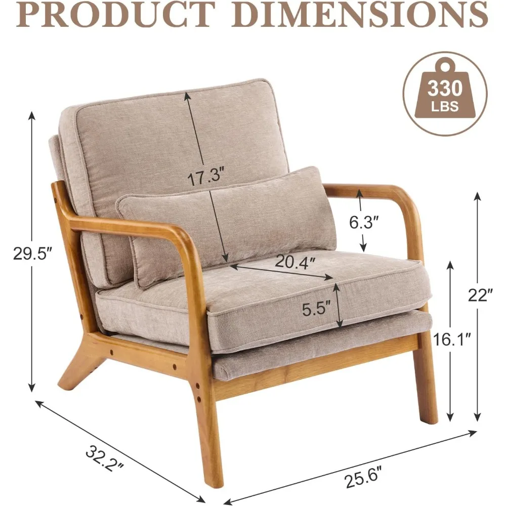 Sedia dall'accento moderno della metà del secolo con supporto lombare e braccioli in rovere - Sedia in ciniglia felpata per soggiorno, camera da letto o lounge