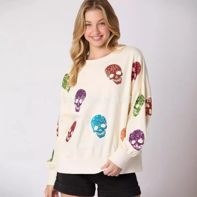 Women's Halloween Sweatshirt Autumn Casual Loose Long Sleeve Round Neck Pullover Tops Fashion  Pumpkin Sequins Tops