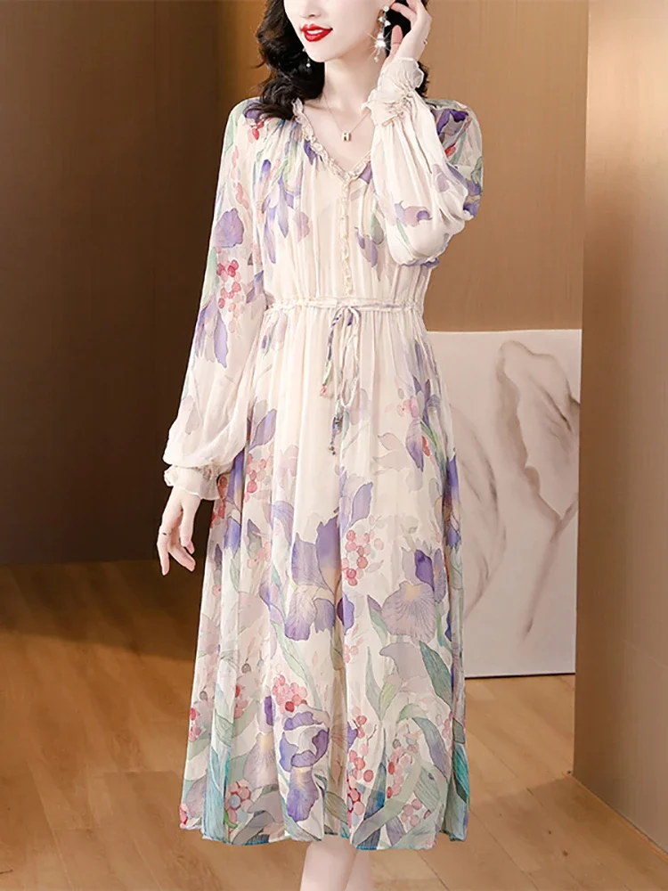 Vestido boho de babados manga comprida, seda floral, besch elegante, vestido de férias, vintage coreano, baile de baile, primavera, verão, 2023, 2023