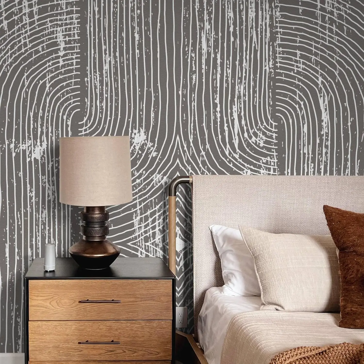 Boho Dark Grey Peel and Stick Wallpaper Geometric Arches Contact Paper Removable Wall Paper for Kitchen Walls Cabinet Drawer
