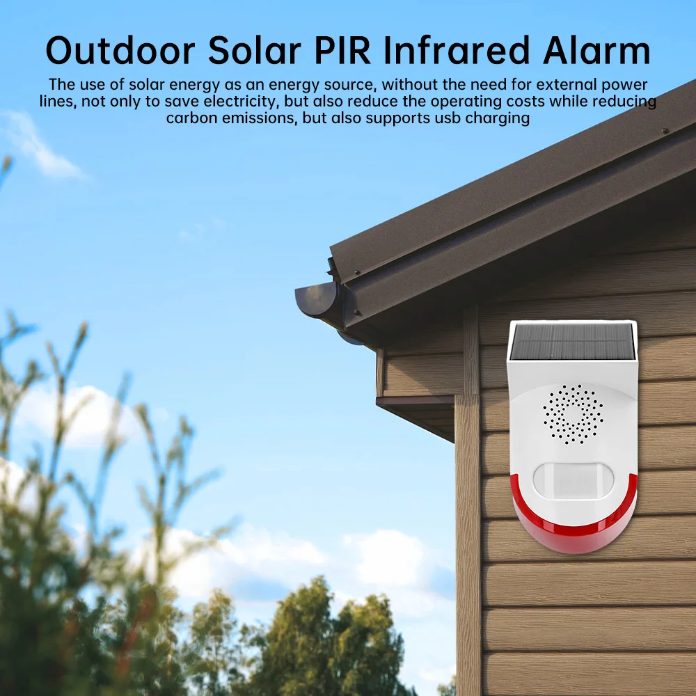 Outdoor Solar PIR Infrared Alarm Smart WiFi 120dB Loud Siren 433MHz Anti-theft Flash Sensor Adjustable Sensing Distanc