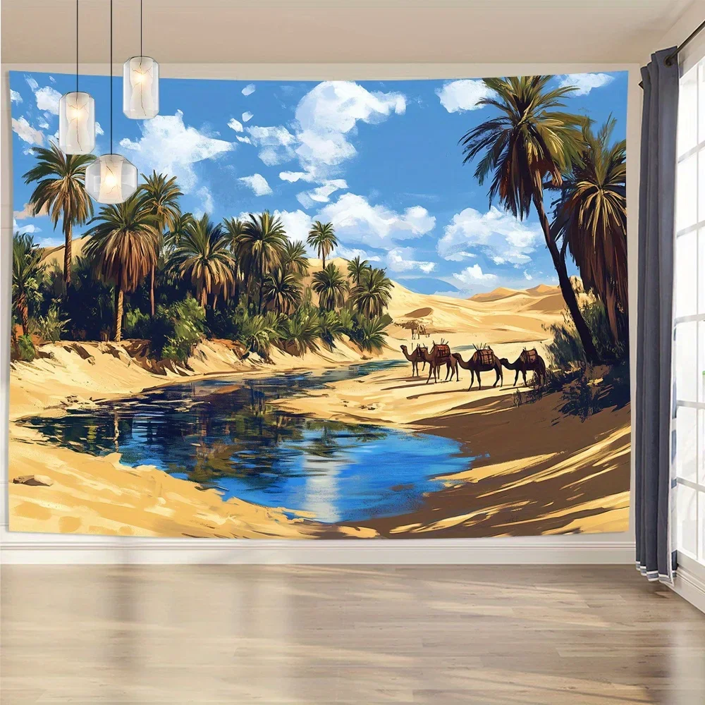 3D Visual Effect Desert Oasis Landscape Tapestry, HD Digital Print Nature Wall Decor for Living Room and Office Backdrop