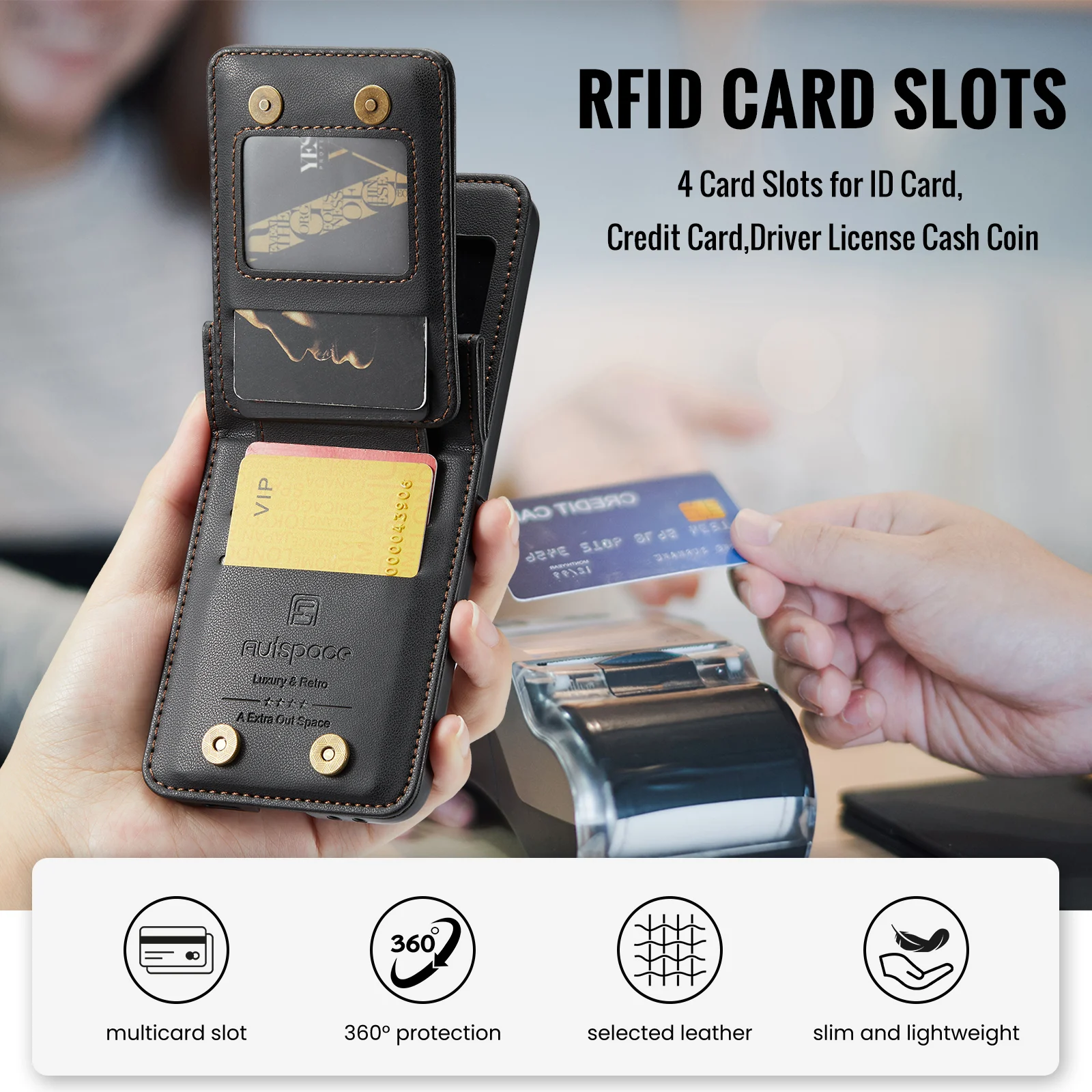 AUTSPACE Luxury Foldable Magnetic Card Bag Leather Case for Galaxy Z Flip 5 Shockproof Heavy Duty Slim Wallet Case Folding Cover