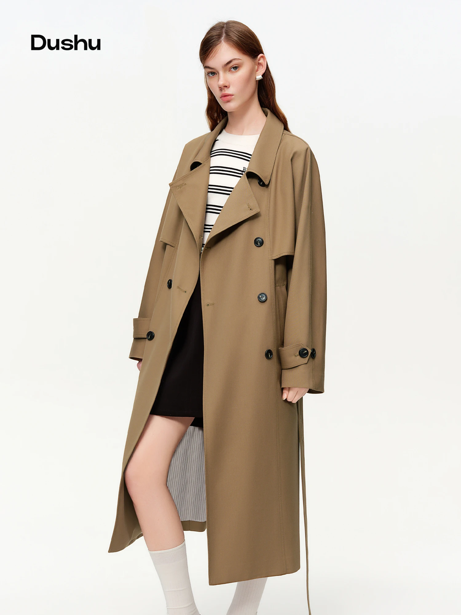 

DUSHU Classic Khaki Double Breasted Long Trench Coat - Spring Oversized Lapel Coat with Belted Waist for Casual and Office Wear​