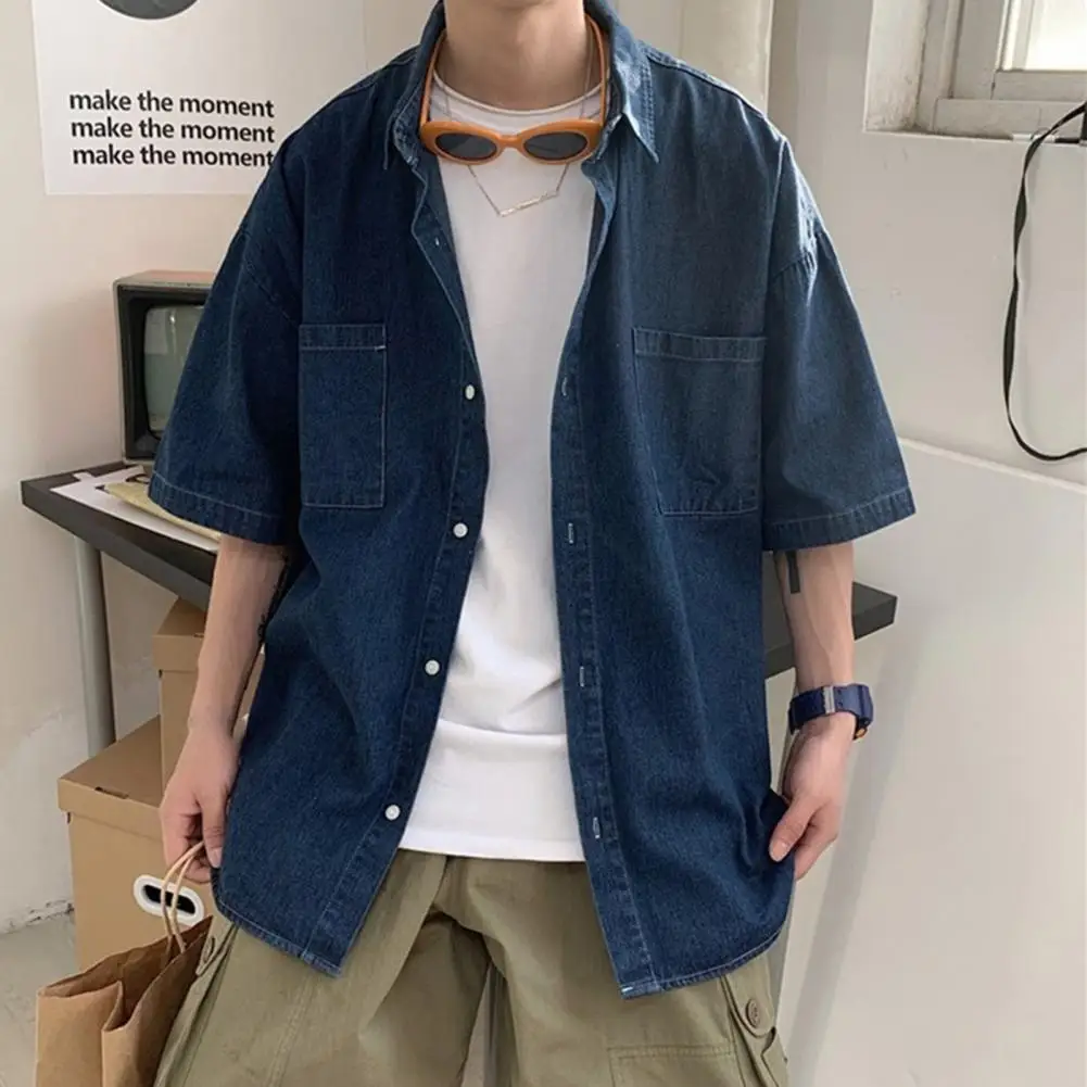 Blue Denim Short Sleeve Shirts Men Summer Thin Korean Fashion Top Vintage Oversize Baggy Cardigan Blouses Casual Man Clothes