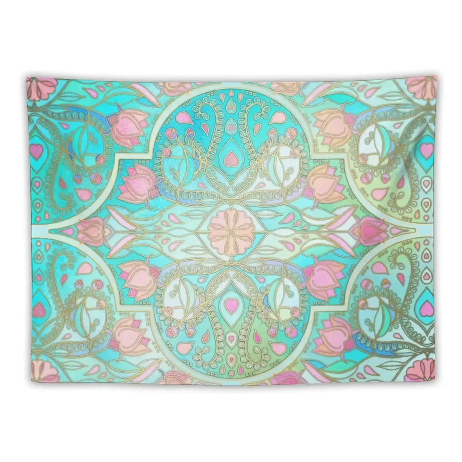 

Floral Moroccan in Spring Pastels - Aqua, Pink, Mint & Peach Tapestry Room Aesthetic Bathroom Decor Tapestry