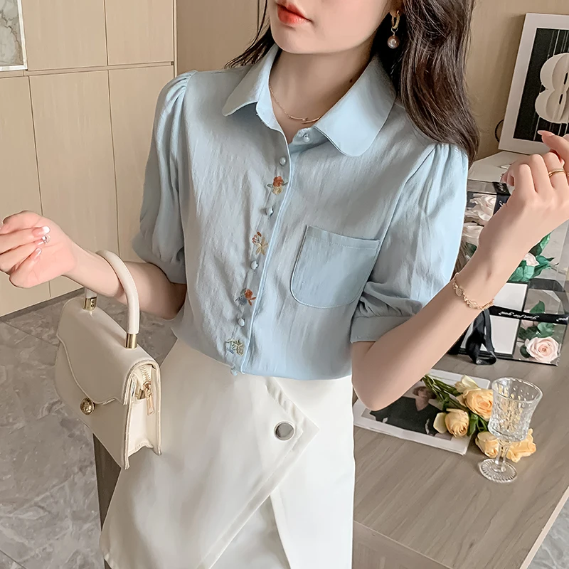 Embroidered Short Sleeved Blouse Summer Women's Shirts New Doll Collar Shirt Sweet Ladies Tops Korean Fashion Women's Clothing