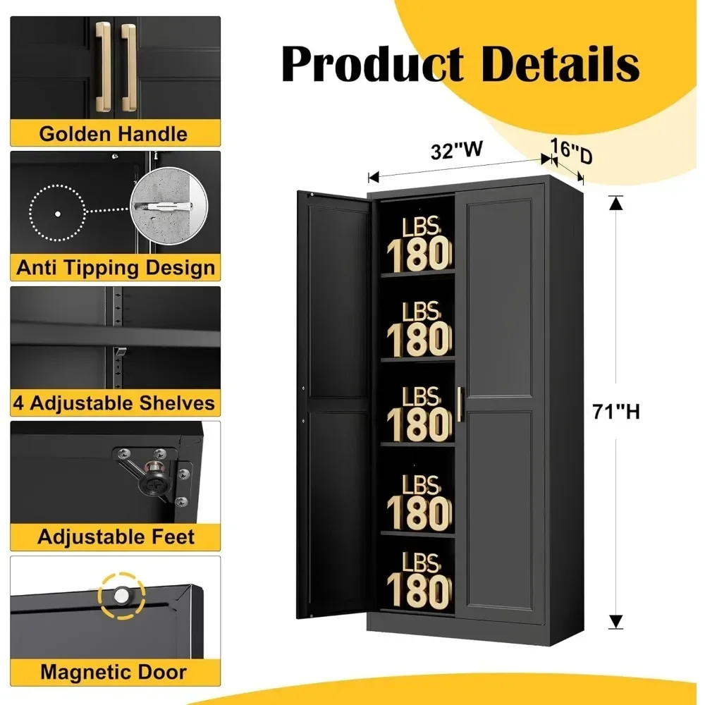 خزانة مخزن المطبخ، خزانة تخزين مخزن معدنية سوداء مقاس 71 بوصة مع أبواب و4 أرفف قابلة للتعديل، خزانة مطبخ مع 2 هان ذهبي