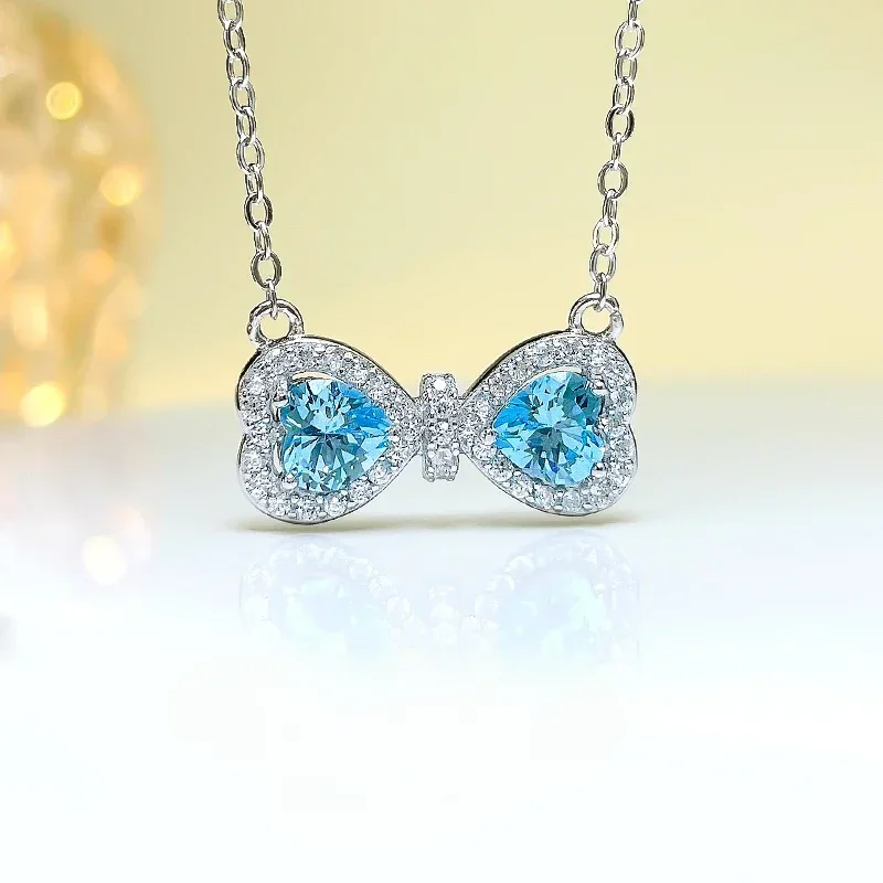 Desire 925 Silver New Hot Selling Heart Shaped Sea Blue Treasure Pendant Necklace Inlaid with Imported High Carbon Diamonds