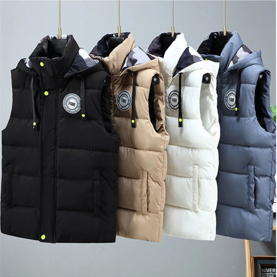 

Black Men Cotton Padded Vest Fashion Detachable Hooded Sleeveless Jackets Winter Warm Men's Clothes Male Thick Coat Big Size 5XL