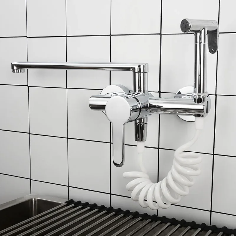 Chrome Plated Brass Kitchen Sink Faucet Wall Mounted Water Mixer Tap With Sprayer