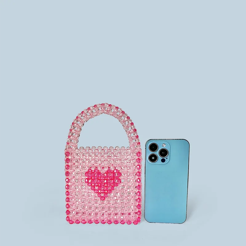 New Winter Heartbeat Handmade Bead Bag with Multi Color Love Pattern Crystal Powder Handheld Open Small Square Bag