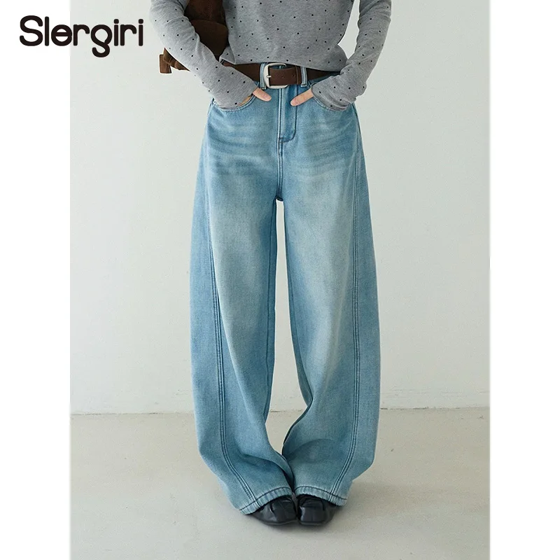 

Джинсы Slergiri с флисовой подкладкой, утепленные, широкие, женские, модные, новинка 2026 года, осень-зима, с высокой талией, ретро, свободные, джинсовые брюки с поясом