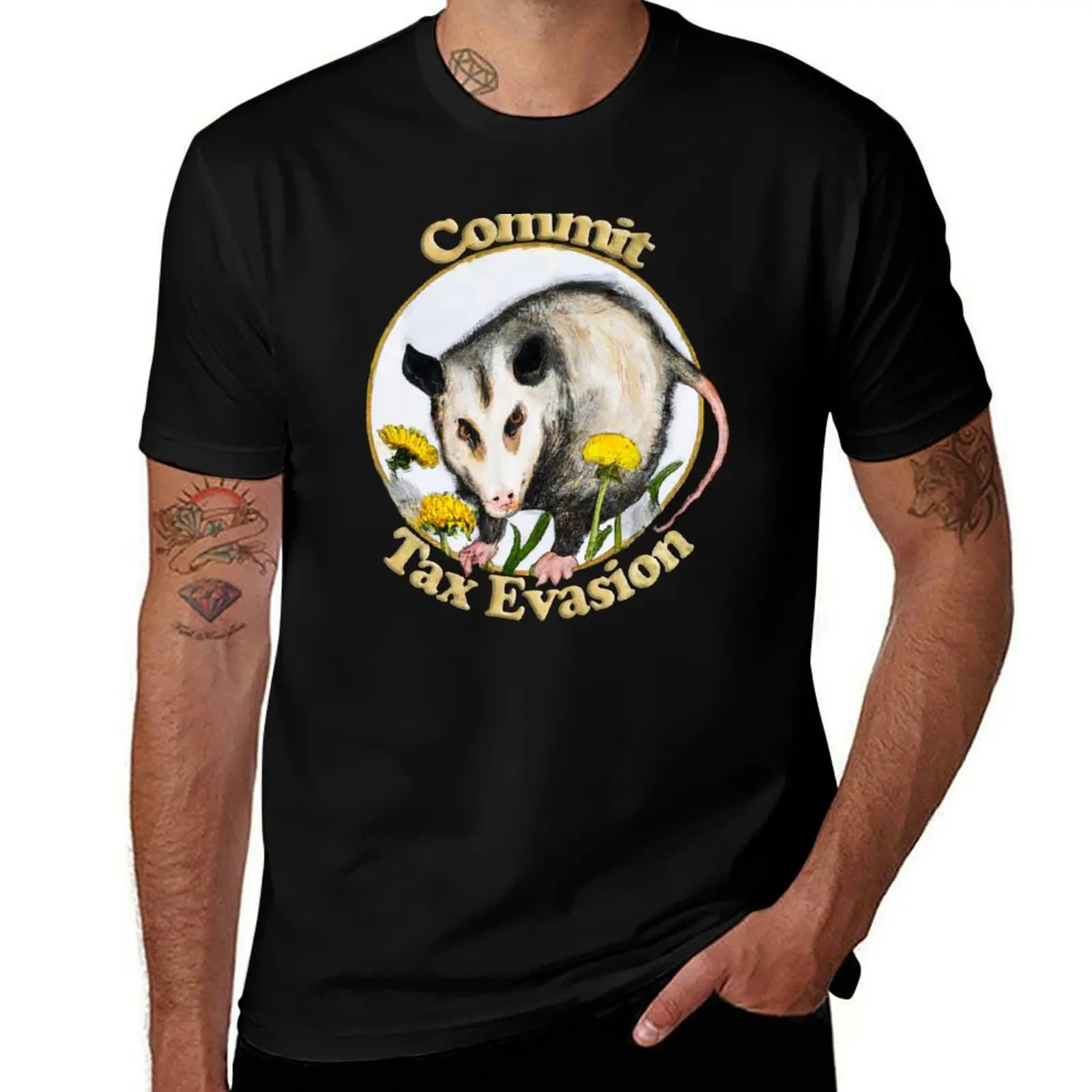 Tax Evasion Opossum Among Dandelions Watercolor Commit Tax Evasion T-Shirt Stretch Fabric Comfort T-Shirt