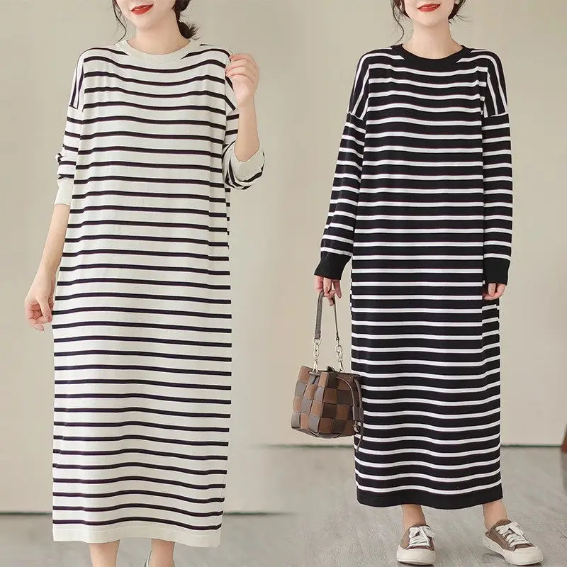 

Knitted Striped Long Sleeved T-Shirt Dress For Women Autumn 2024 Spring Fashion Loose Fit Large Size Casual Straight Dress k2445