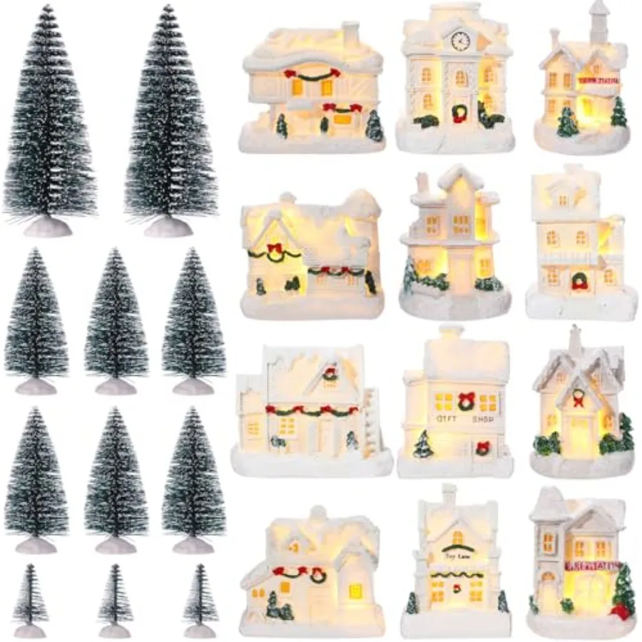 12 Pieces Christmas Winter Houses Village with 12 Pieces Trees Lamp LED Lights Christmas Winter Village Figurine Town Building