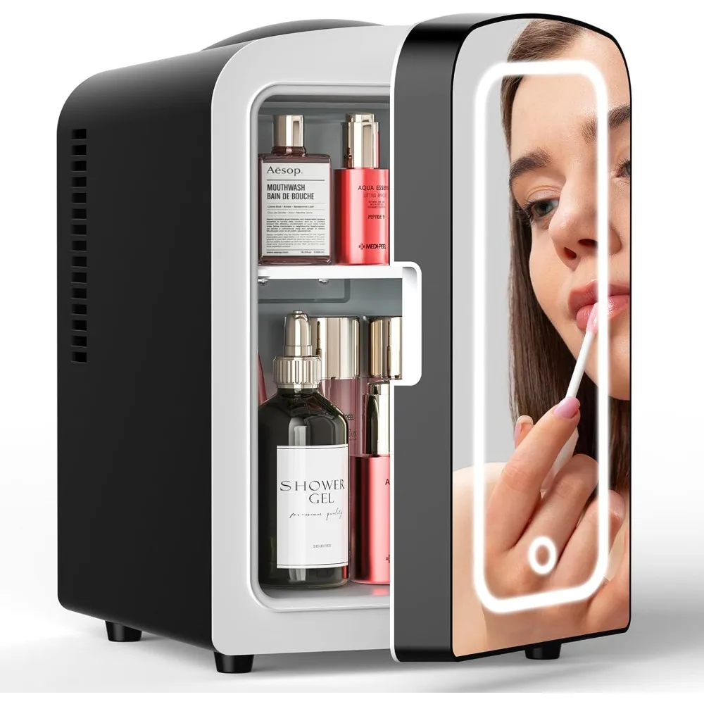 Skincare Fridge With Built-in LED Light Mirror, 4L Compact Mini Refrigerator AC/DC Portable