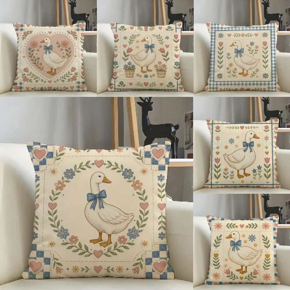 Farmhouse Duck Vintage Cushion Cover Natural Linen Pillow Case Organic Fabric Double Sided Print Sofa Home Decor Gift