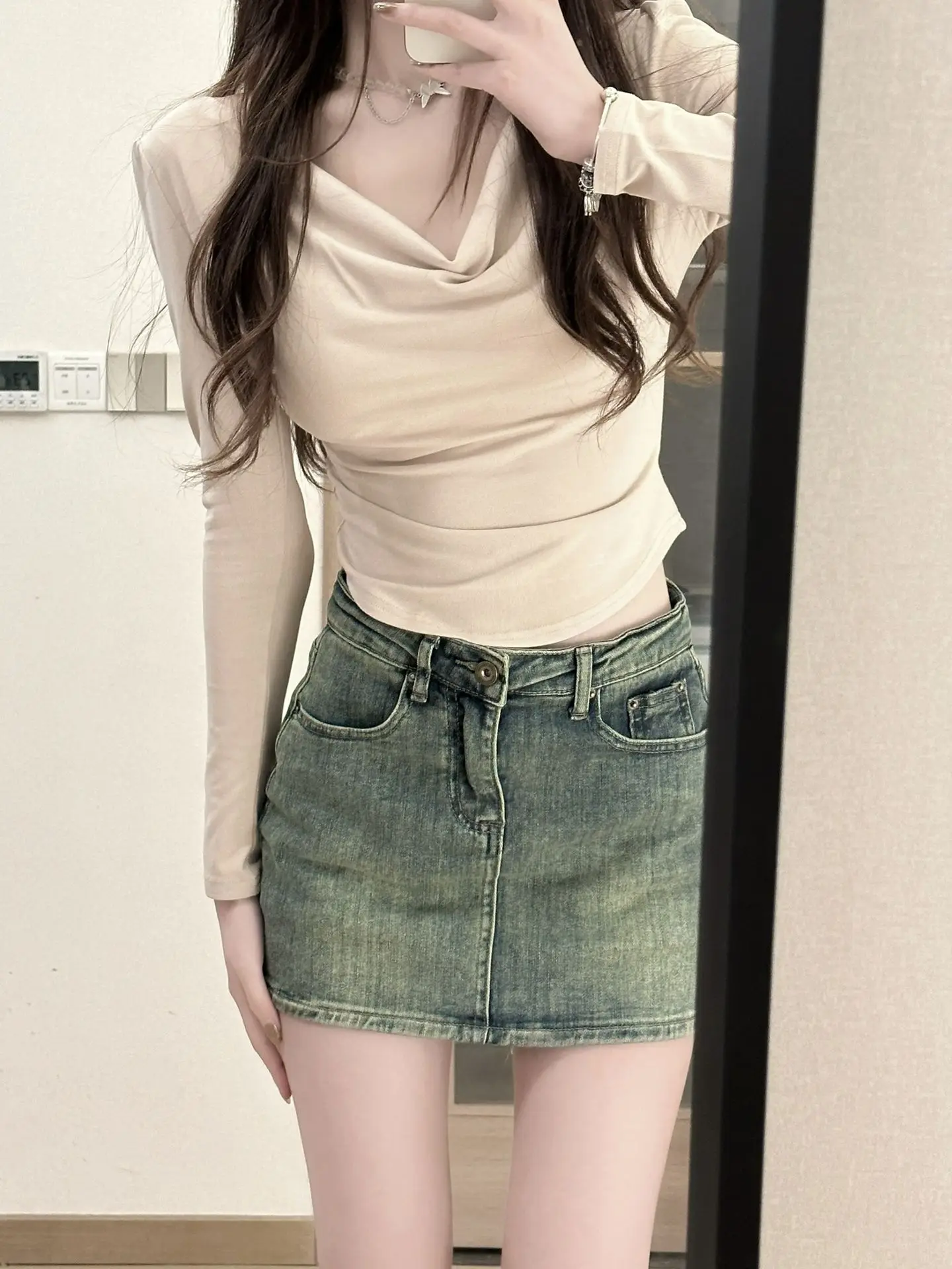 الرجعية المتعثرة الدنيم تنورة المرأة عالية الخصر ort تنورة الصيف الساخن فتاة Cliant Sle النسخة الكورية ألف خط تنورة #2