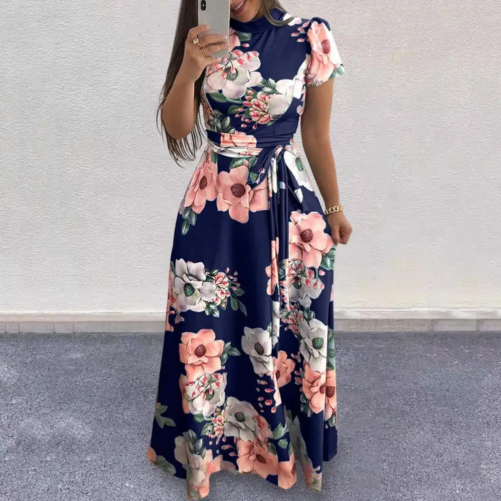 

Soft Fabric Casual Dress Floral Print Maxi Dress with Mock Collar Belted Waist Women's A-line Swing Dress for Summer Spring