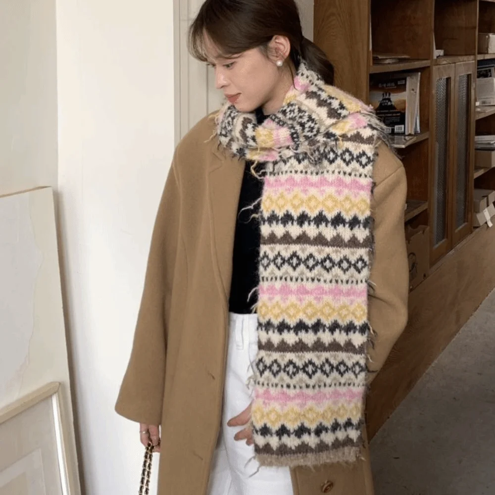 

Модный теплый жаккардовый вязаный шарф, шерстяной шарф с принтом Fair Isle, стильный шарф, защита от холода, винтажный зимний шерстяной шейный платок, уличный