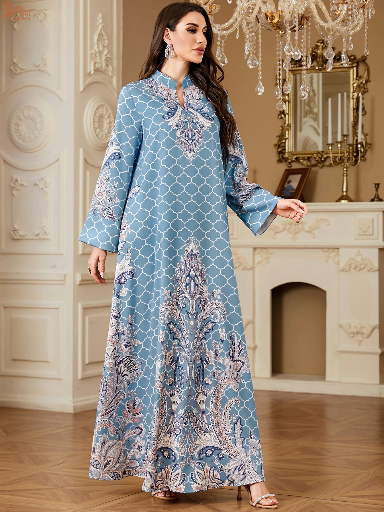 Uni nuevo Dubai estampado de lujo Abaya musulmán elegante vestido con estampado Floral jersey manga larga Keftan 2025