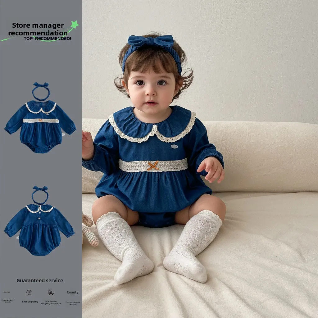 

Baby Girl Jumpsuit with Lace and Lace Denim for Spring and Autumn, Stylish Outdoor Korean Style Long Sleeved Crawling Clothes