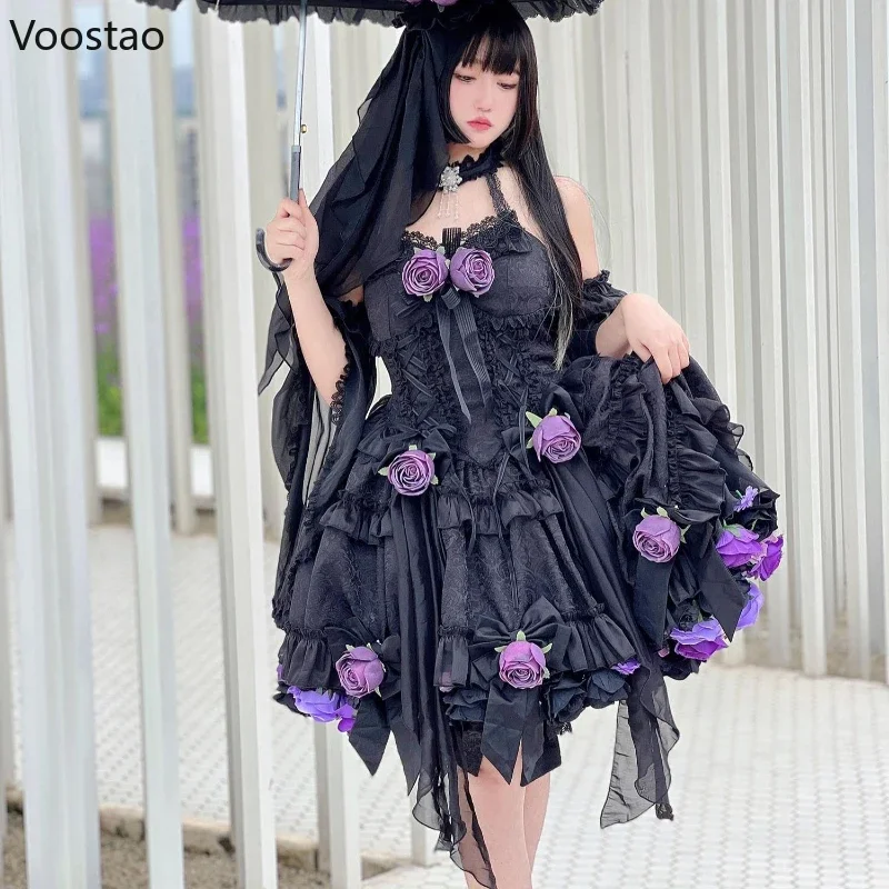 Robe de Princesse Vintage en Dentelle Douce pour Femme, Tenue de Soirée Élégante, Kawaii, Harajuku, Lolita, Fleur de Rose