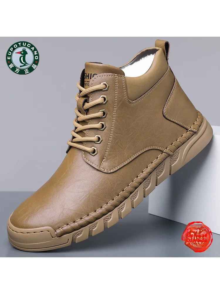

Men's Winter Warm Fce Lined Genuine Leather High Top oes Thi Soft Bot Casual oes round Toe Rubber Outsole