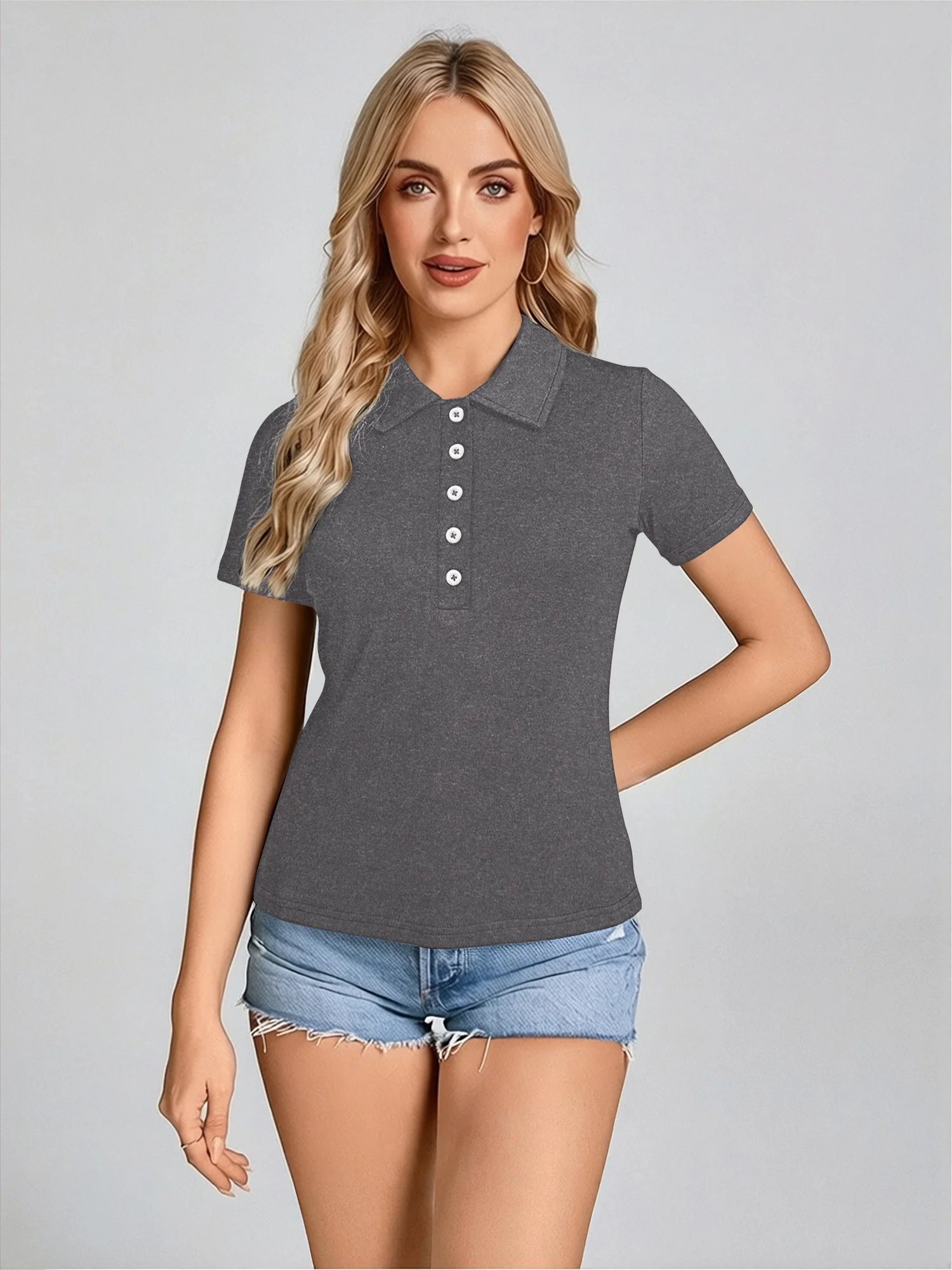 Chic Women Lapel Collar Polo Tee Shirts Half‑Button Front Short Sleeve Slim Fitted Solid Tops Casual Daily Office Summer Blouse