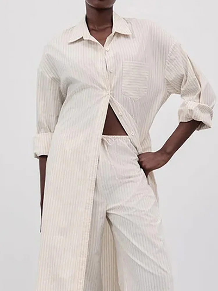 Simple Fashion Striped Print Long Top Outfit Women Sexy Single Breasted Lapel Shirt & Tie-up Pants Sets Autumn Long Sleeve Suits