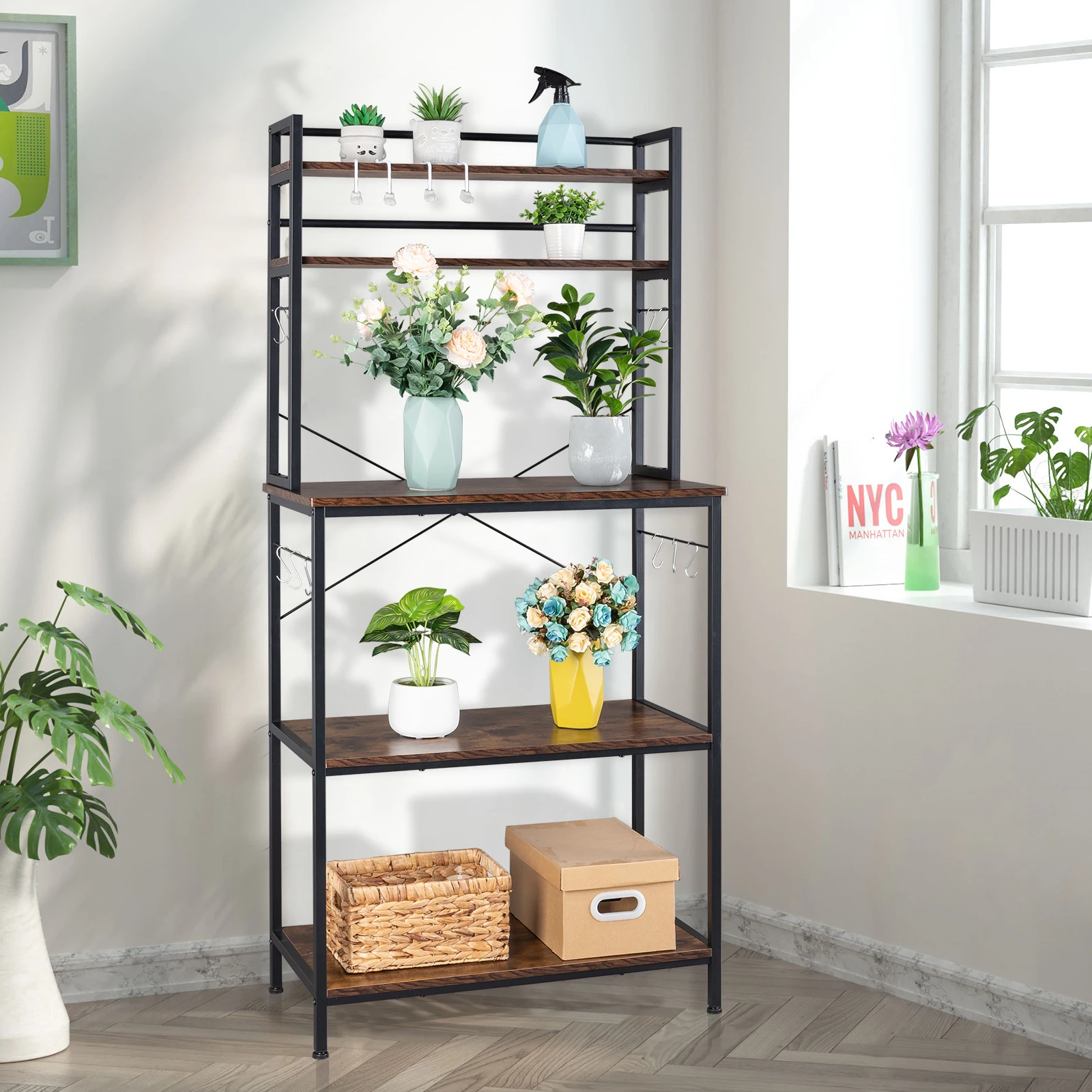 5-Tier Kitchen Bakers Rack with 10 S-Hooks, Industrial Microwave Stand, Free-Standing Kitchen Cart, Storage Shelf Organizer.