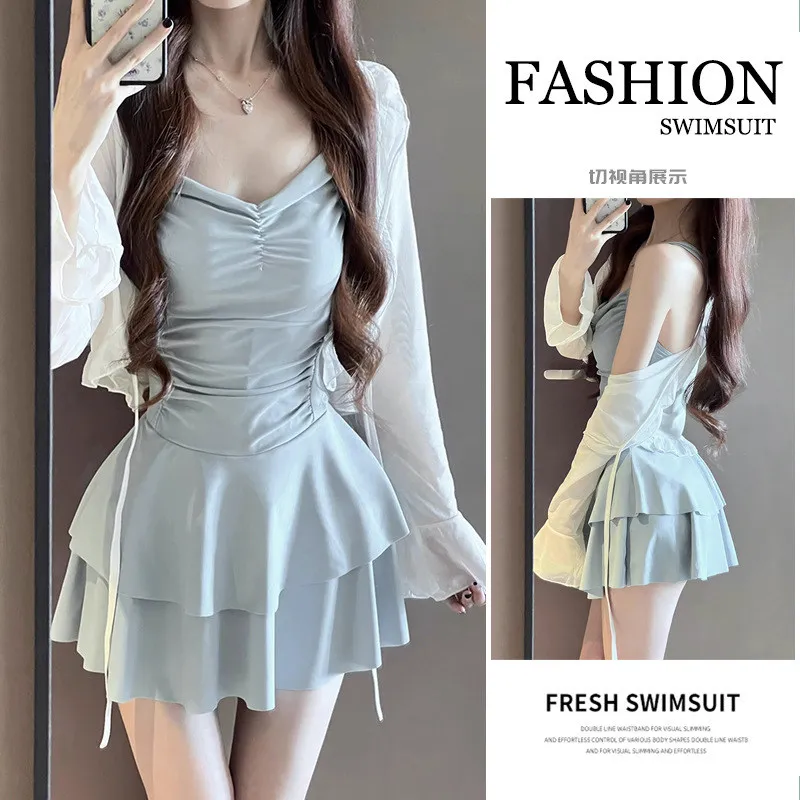 2025 Summer Swimsuit for Women Sweet Backless Sexy Swimming Dress Style One-piece  Swimwear with Coat Beach Vacation Costume