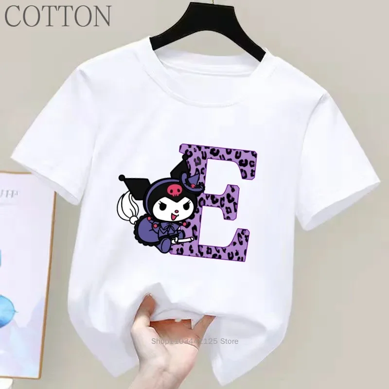 Kuromi Anime Letter A-Z Children\'s Short-sleeved New Sanrio Summer T-shirt Clothes Girly Heart Soft Clothes Kawaii Birthday Gift