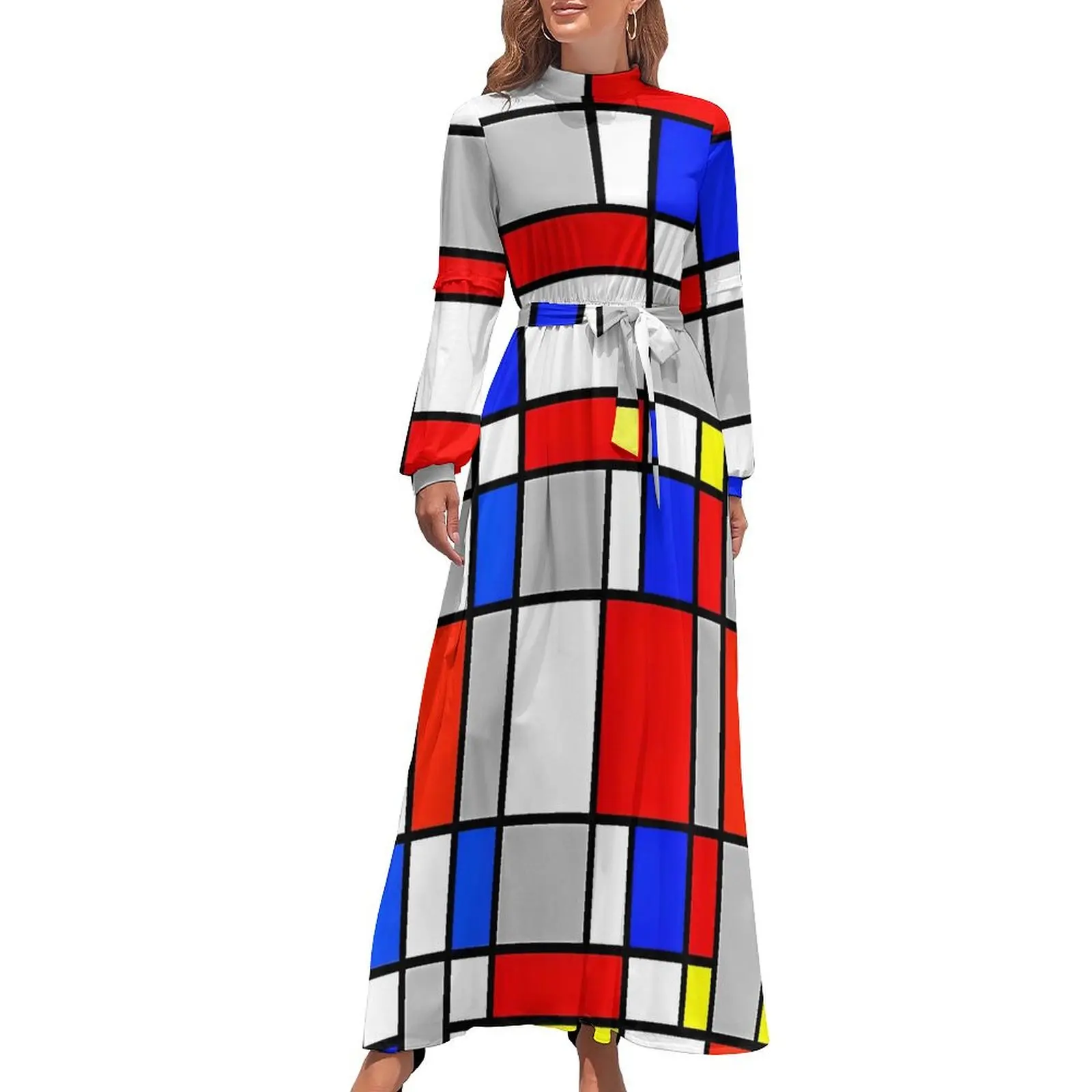 Mondrian Art Style Dress  Street Style Boho Beach Dresses Women Long-Sleeve High Waist Sexy Long Maxi Dress