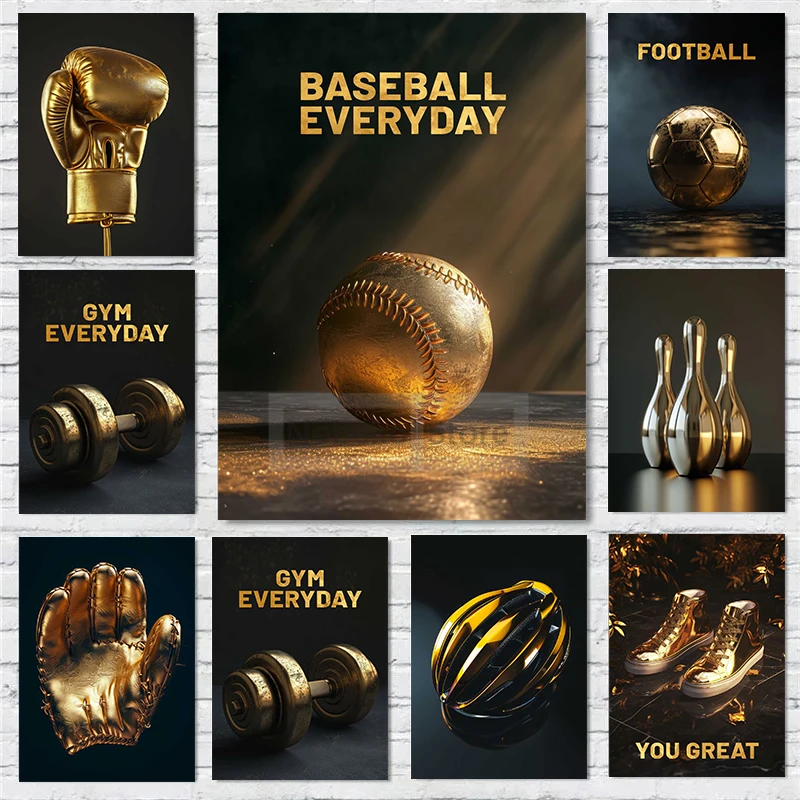 Luxurious Gold Sport Stuff Balls Golf Bowling Rugby Skate BoxingPoster Prints Canvas Painting Wall Art Pictures Home Room Decor