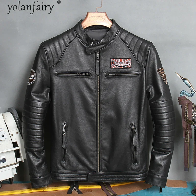 Genuine Cow Leather Jacket Men Vintage 100% Cow Leather Coat Short Biker Motorcycle Jacket Embroidered Men\'s Jackets XP680NP KJ