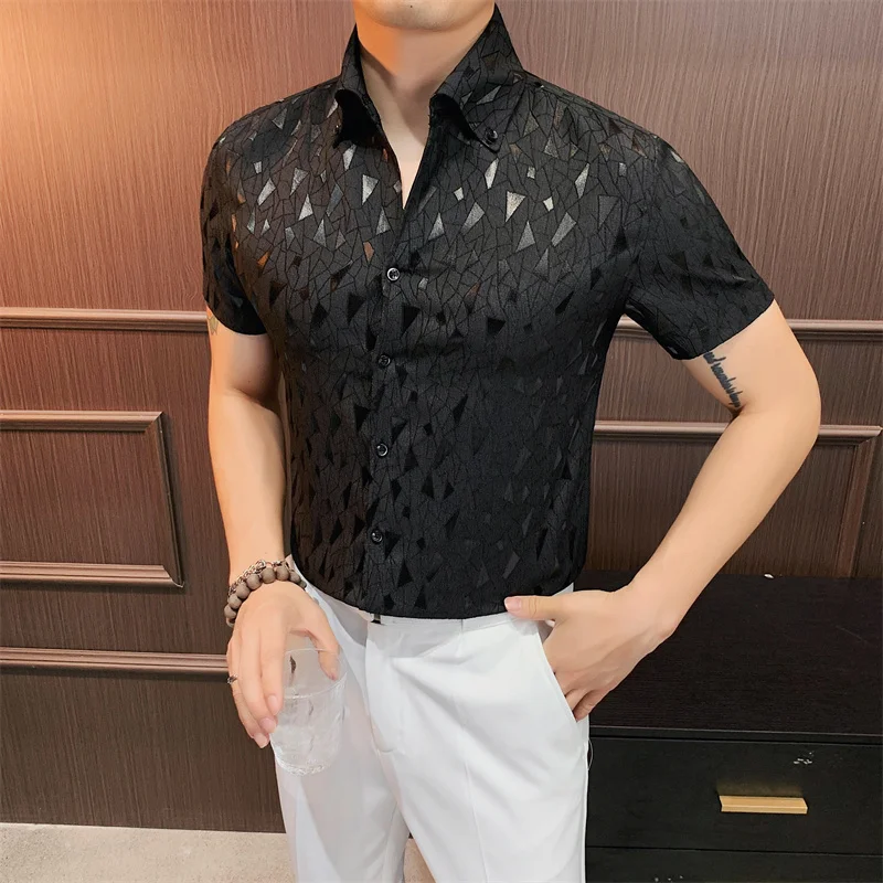 Summer Printed Shirt for Men Short Sleeved Casual Business Dress Shirts Big Lapel Social Party Tuxedo Blouse Male Clothing M-4XL