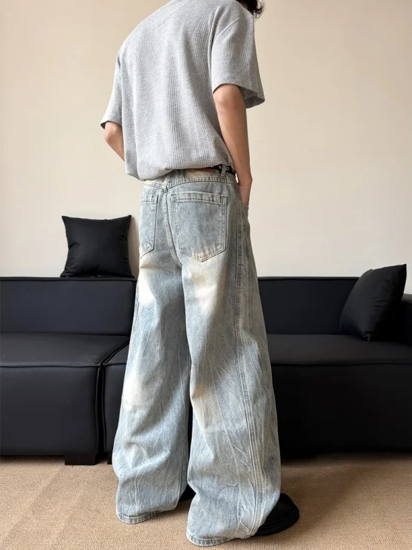Jean en Denim rétro américain pour hommes, ample, jambes larges, droit, longueur au sol, pantalon tendance, Design au couteau, Sensation