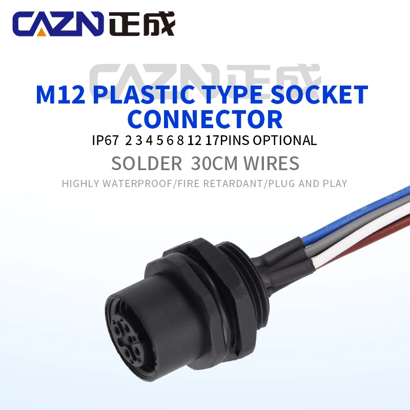 

Factory plastic M12 solder Type Panel Mount Socket With 30CM Wires 2 3 4 5 6 8 12 17Pins A B D Code Waterproof Socket Connectors