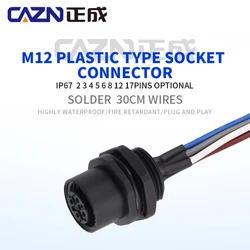 Factory plastic M12 solder Type Panel Mount Socket With 30CM Wires 2 3 4 5 6 8 12 17Pins A B D Code Waterproof Socket Connectors