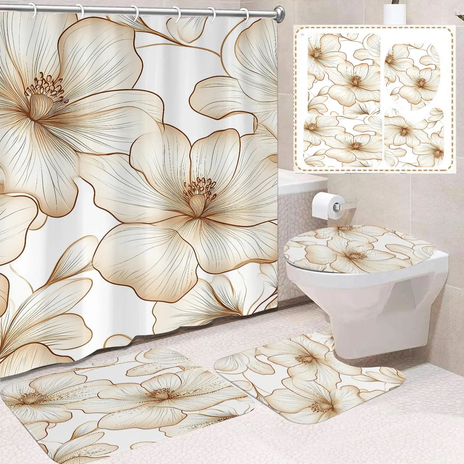 

1/4Pcs Waterproof and mildew proof Shower Curtain Luxury with Hook Shower Curtain with non-slip rug U-shape mat toilet lid cover