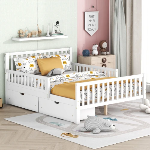 # Full Size Solid Wood Modern Platform Bed With Guardrails On Both Sides And Two Storage Drawers