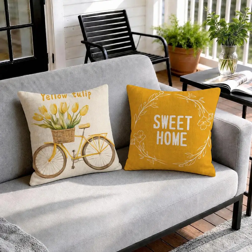 Warm Yellow Tulips Cushion Cover Natural Linen Organic Fabric Double-Sided Printing Sofa Home Decor Gift Pillow Cover